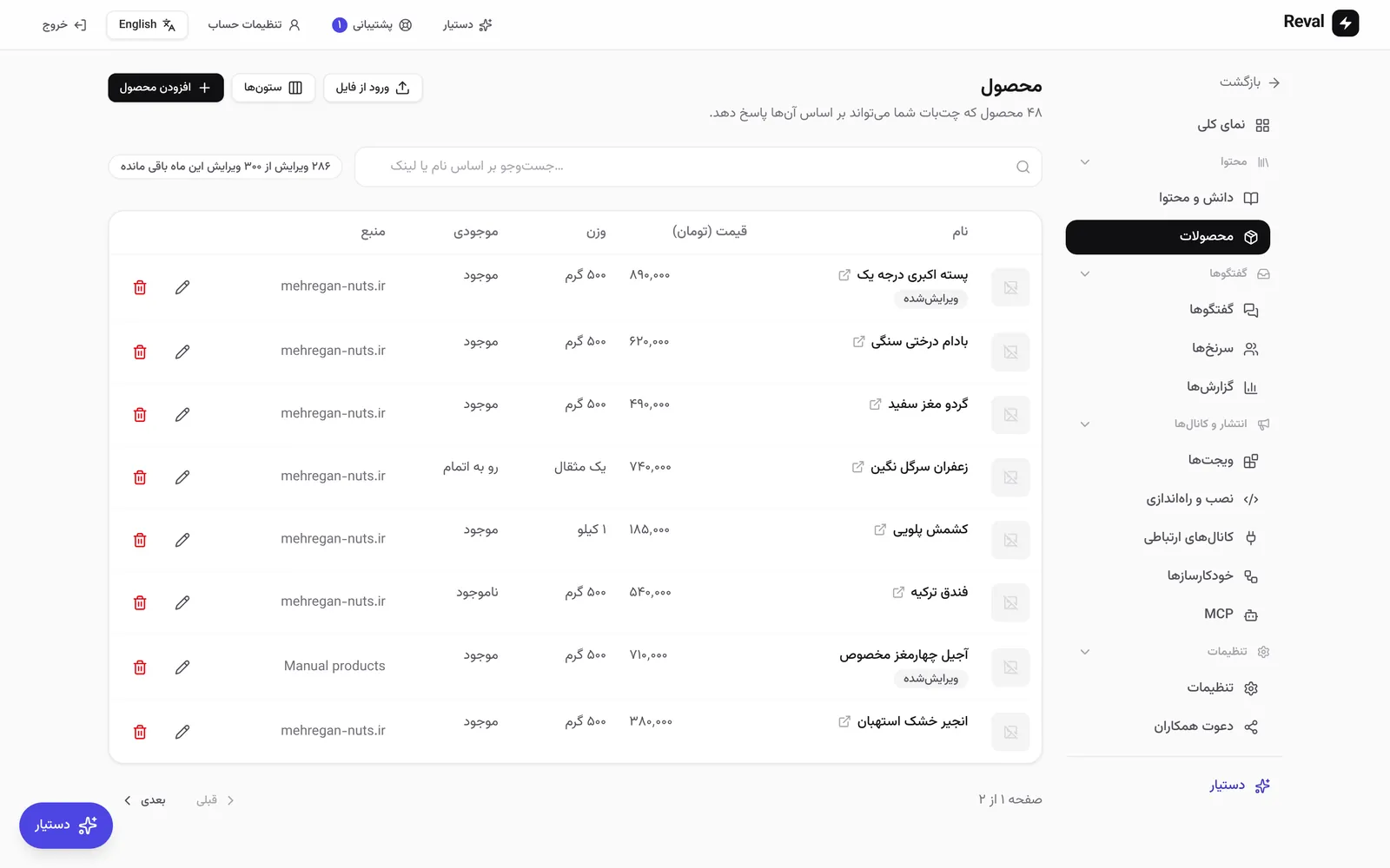 جدول محصولات